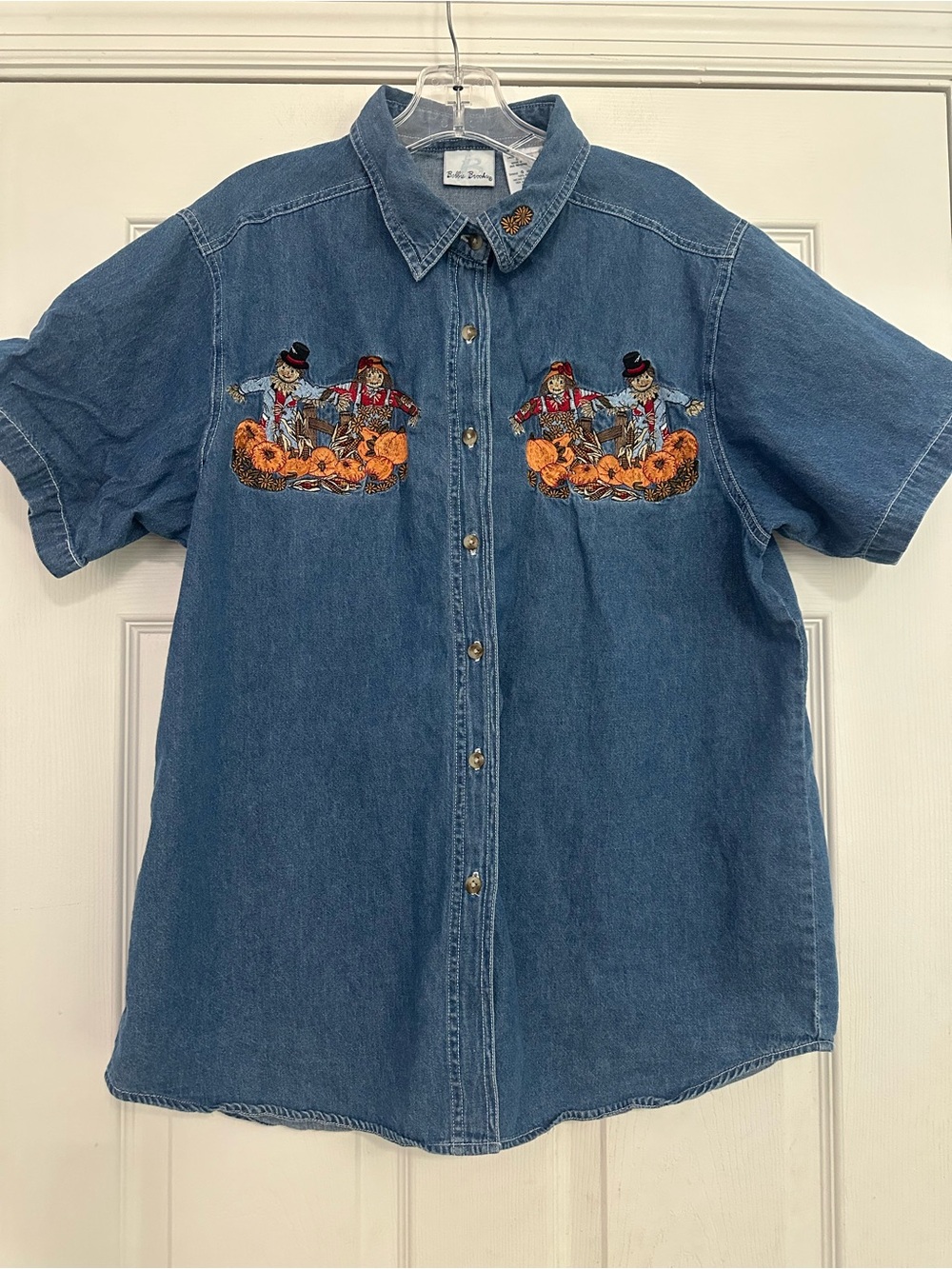 Bobbie Brooks Vintage 90's Pumpkin Patch Embroidered Scarecrow Autumn Denim Top